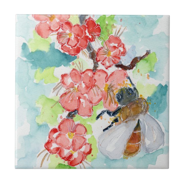 Carreau Fleurs rouges de cerisiers et d'abeilles (Devant)