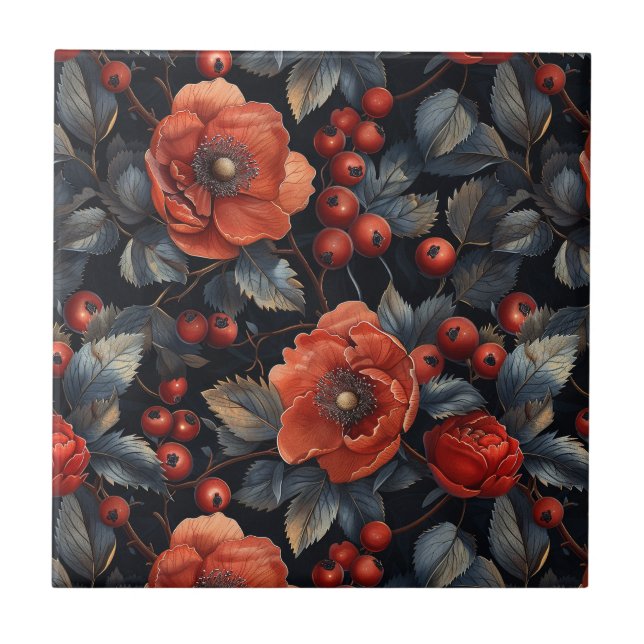 Carreau Fleurs rouges en noir (Devant)