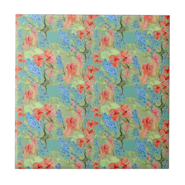 Carreau Fleurs rouges et bleues et Feuilles verts (Devant)