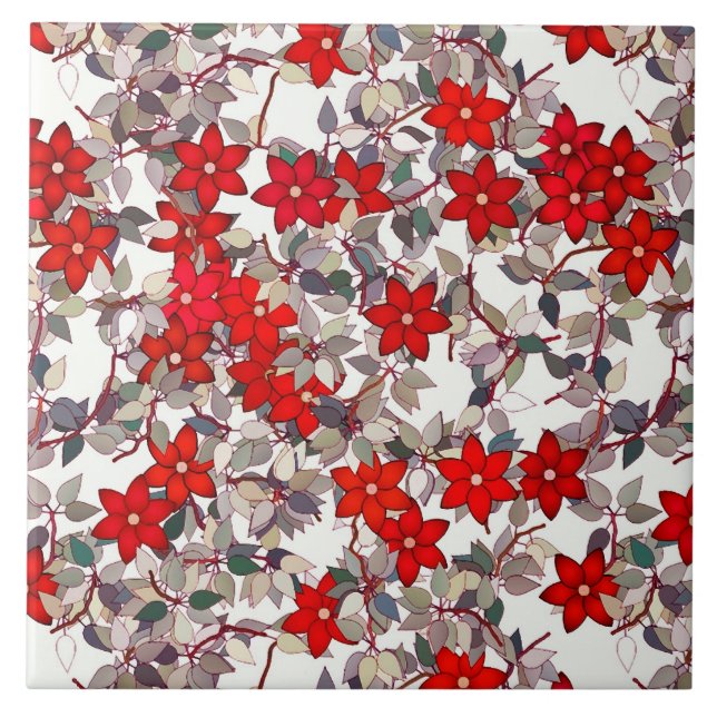 Carreau Fleurs rouges et feuilles gris argenté (Devant)