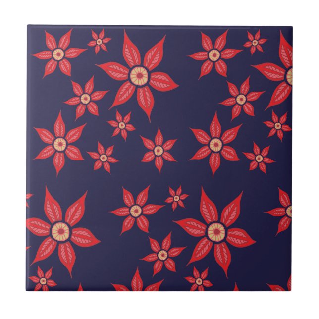 Carreau Fleurs rouges sur Carrelage en céramique bleue (Devant)