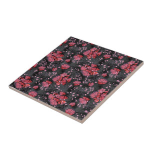 Carreau Fleurs rouges sur un arrière - plan gris-noir.