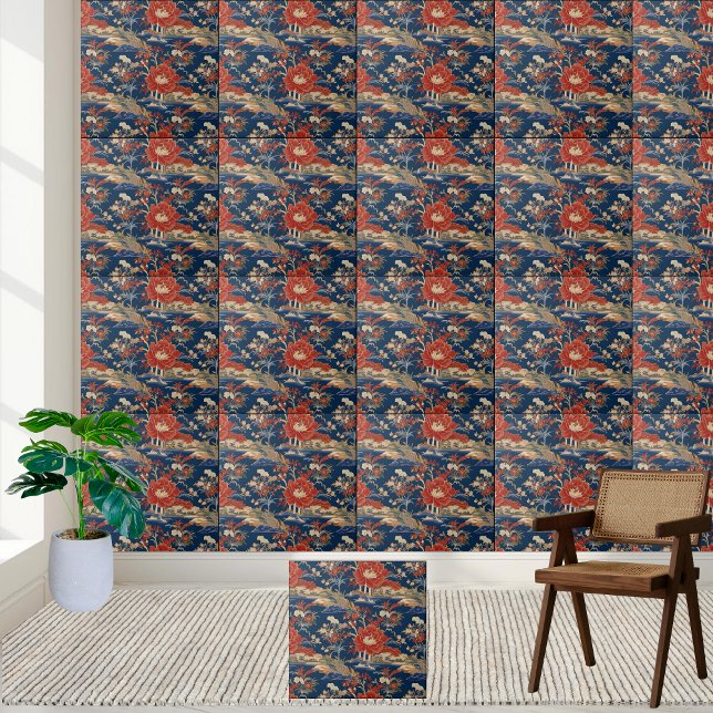 Carreau Fleurs rouges vibrantes et paysage de Chinoiserie  (Vibrant Red Flowers and Blue Chinoiserie Landscape Ceramic Tile)