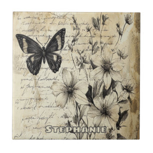 Carreau Fleurs rustiques et papillon - Papier vieilli
