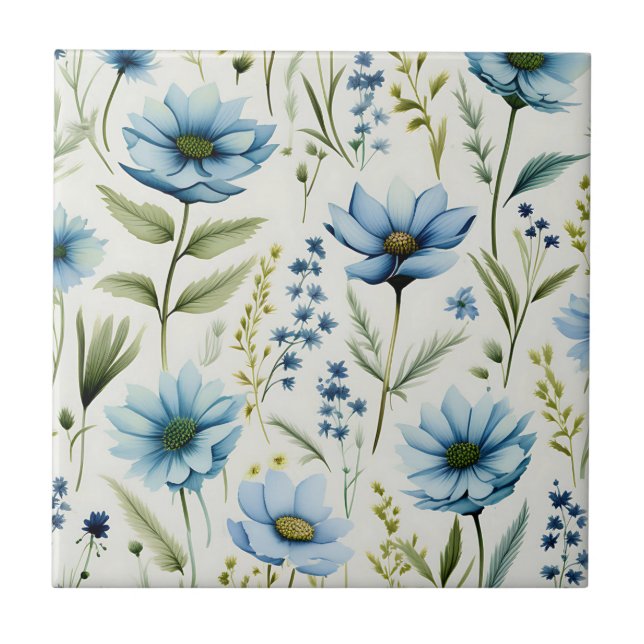 Carreau Fleurs sauvages aquarelle sur bleu clair (Devant)