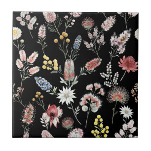 Carreau Fleurs sauvages aquarelles romantiques noires et l