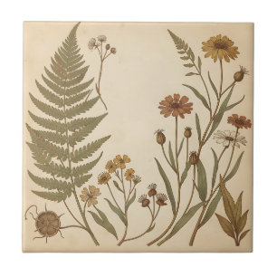 Carreau Fleurs sauvages fougère botanique vintage antique