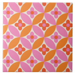 Carreau Fleurs sur cercles rose orange milieu du siècle 