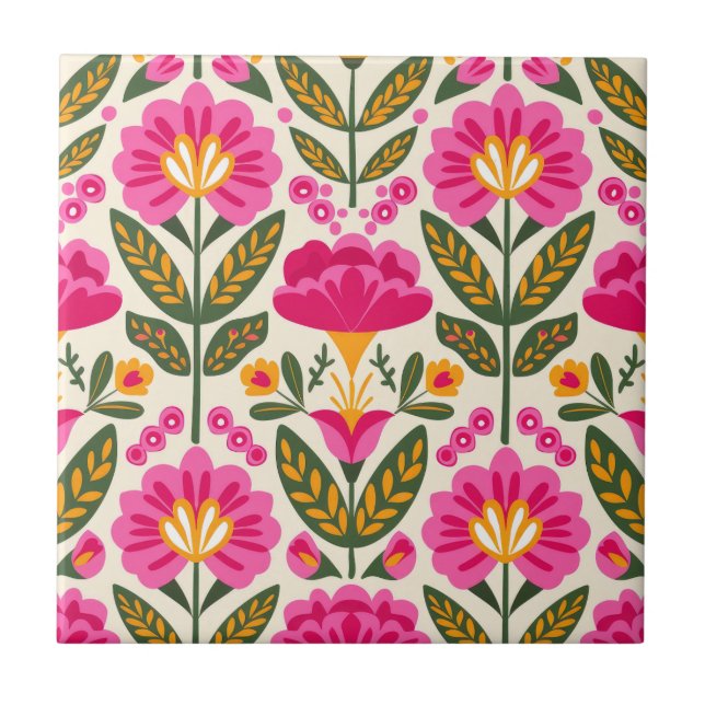 Carreau Fleurs Talavera mexicaines Fuchsia Rose Floral  (Devant)