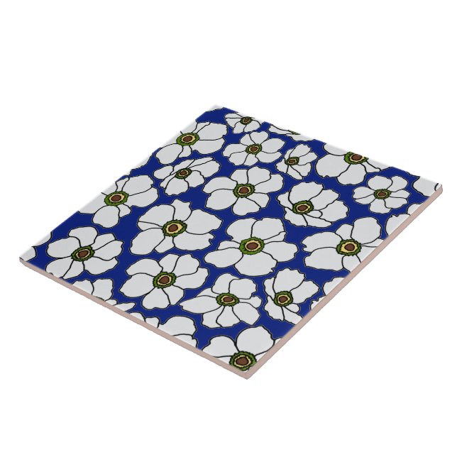 Carreau Fleurs tropicales blanches sur fond bleu  (Côté)