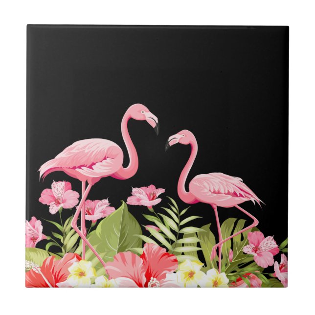 Carreau Fleurs tropicales et design de flamants roses (Devant)