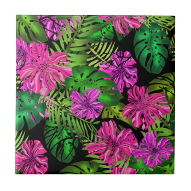 Carreau Fleurs tropicales et plantes en noir (Devant)