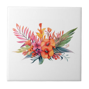 Carreau Fleurs tropicales florales Rose pêche jaune orange