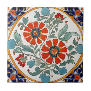 Carreau Fleurs turques Iznik Rouge Orange Bleu Vert Crème