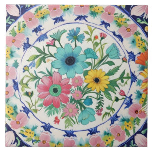 Carreau Fleurs vibrantes colorées espagnoles rose bleu flo