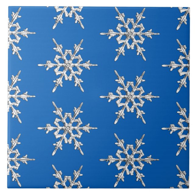Carreau Flocons de neige, cristaux d'argent sur bleu de co (Devant)