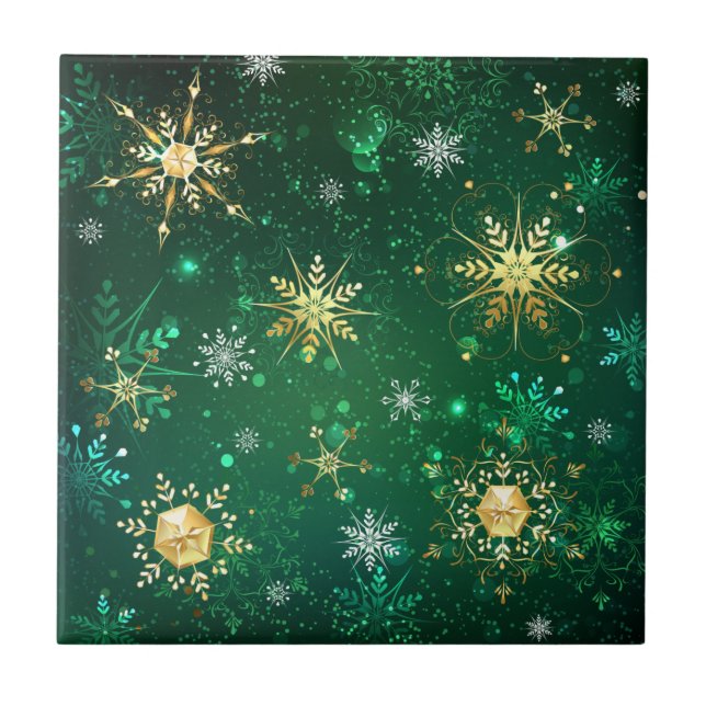 Carreau Flocons de neige dorés de Noël sur fond vert (Devant)