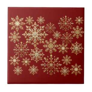 Carreau Flocons de neige dorés et rouges de Noël 