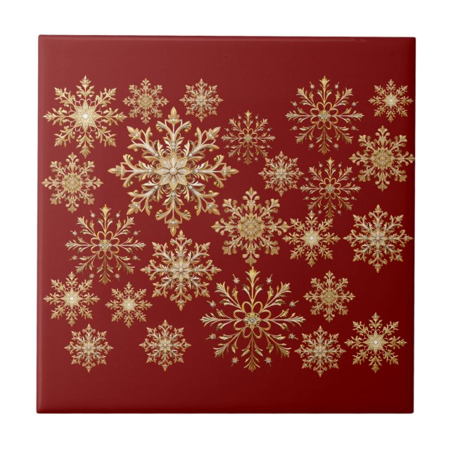 Carreau Flocons de neige dorés et rouges de Noël  (Devant)