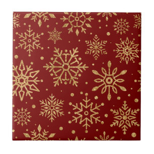 Carreau Flocons de neige dorés sur fond rouge - Noël class