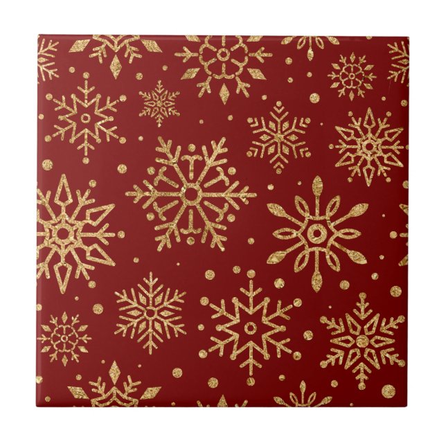 Carreau Flocons de neige dorés sur fond rouge - Noël class (Devant)