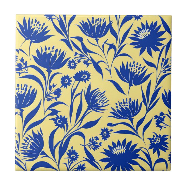 Carreau Floral Bleu De Cornflower Moderne Sur Jaune (Devant)