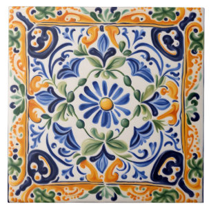 Carreau Floral bleu et jaune méditerranéen