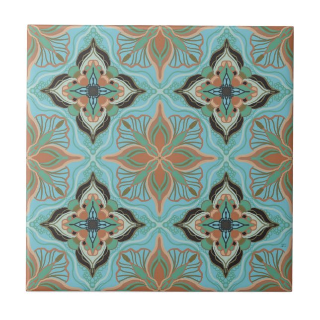 Carreau floral bleu marocain à l'aquarelle  (Devant)