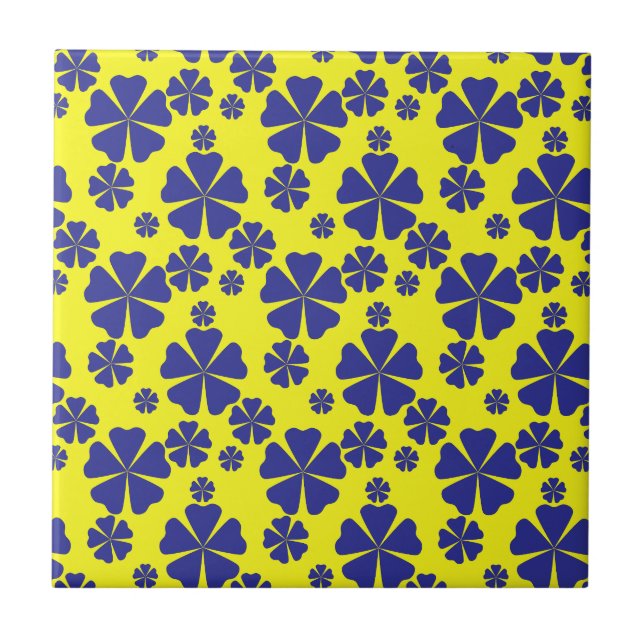 Carreau Floral bleu rétro Abstrait sur Motif jaune (Devant)