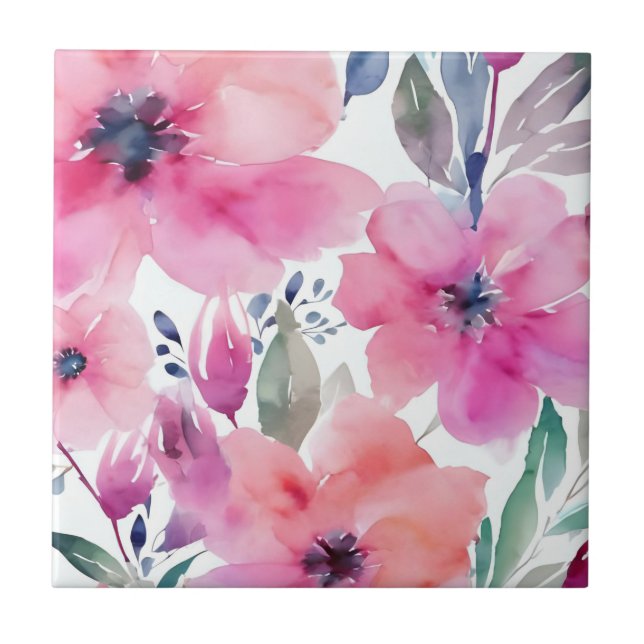Carreau Floral Blossoms | Watercolor Pink Flowers Painted (Devant)