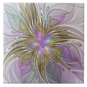 Carreau Floral Coloré Abstrait Fractal Avec Rose & Or