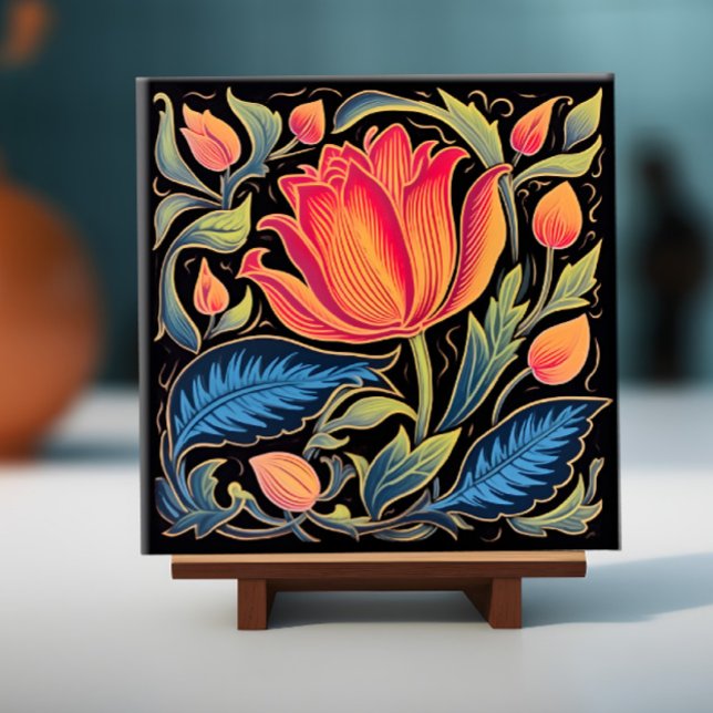 Carreau Floral coloré sur noir (Image of a floral tile on a display stand)