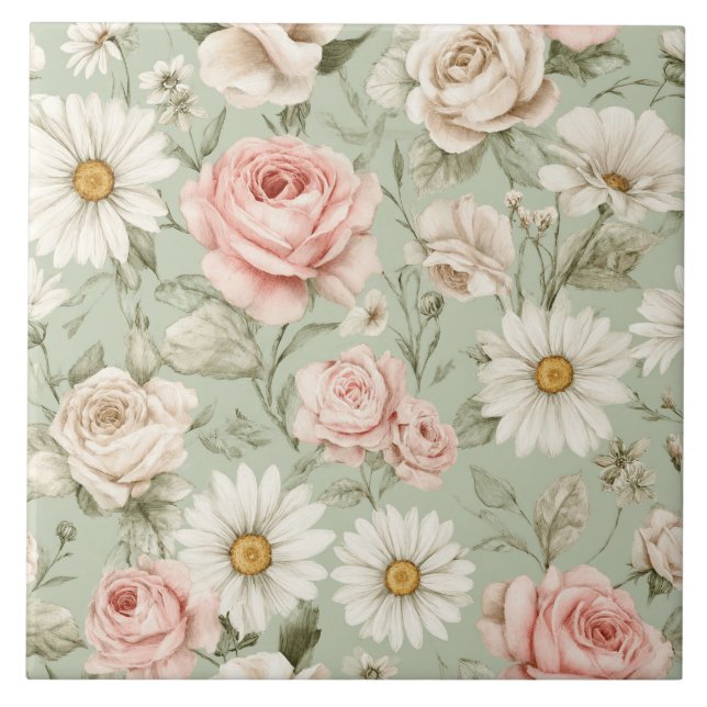 Carreau Floral Daisies Roses Watercolor Design (Devant)