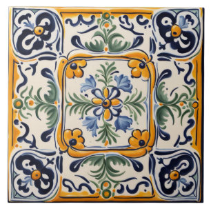 Carreau Floral d'Art Méditerranéen Jaune & Fleur Bleue