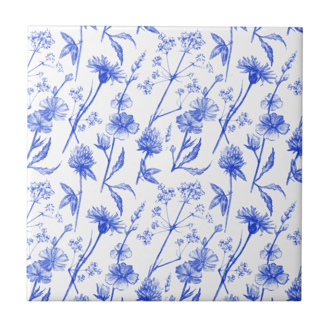 Carreau Floral Elegant Blue Flowers Ceramic Tile (Devant)