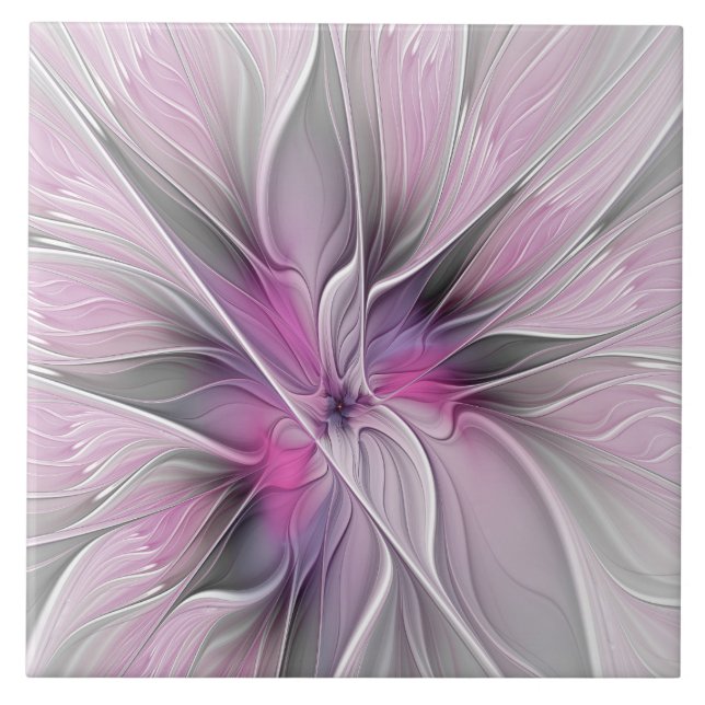 Carreau Floral Fractal moderne Fleur Abstraite rose gris (Devant)