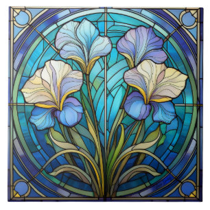 Carreau Floral Iris Art Nouveau Bleu Vert Rétro