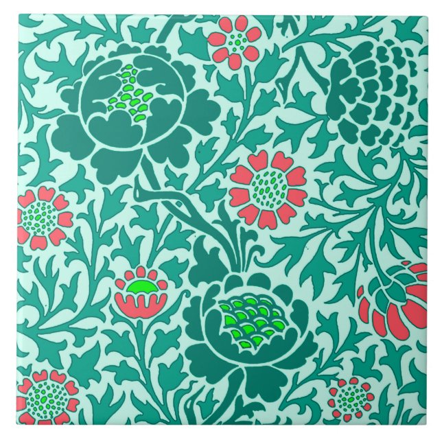 Carreau Floral Jacobéen, Turquoise, Aqua & Corail (Devant)