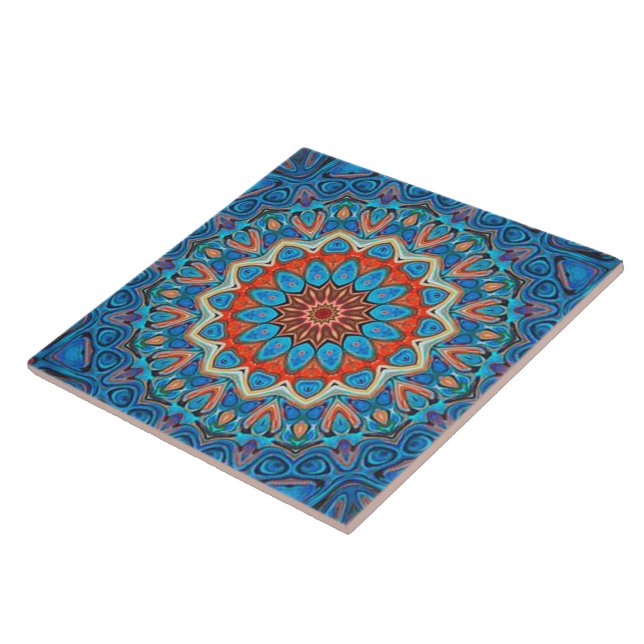 Carreau Floral Mandala Bohemien Bleu Orange Élégant (Côté)