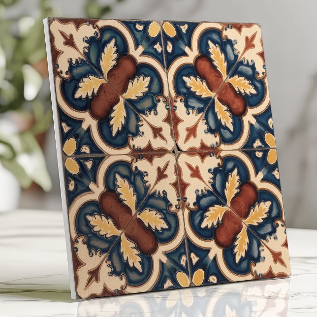 Carreau Floral méditerranéen rustique Bleu et Terracotta (Créateur téléchargé)