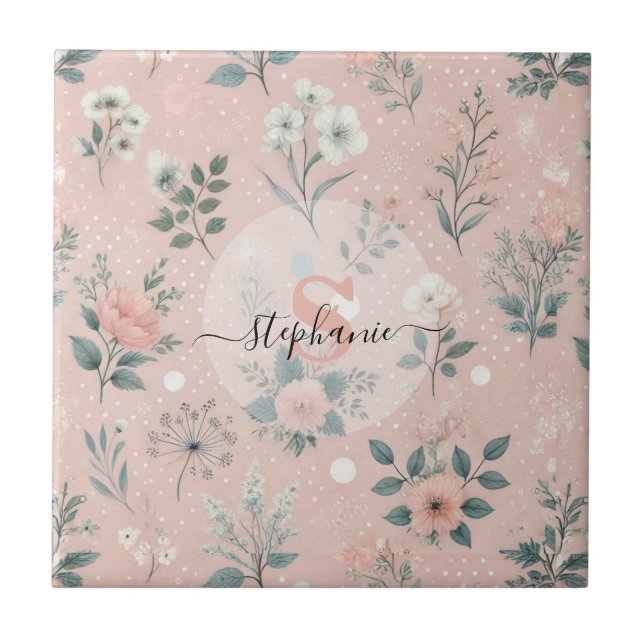 Carreau Floral rose rustique avec fleurs blanches et verdu (Devant)
