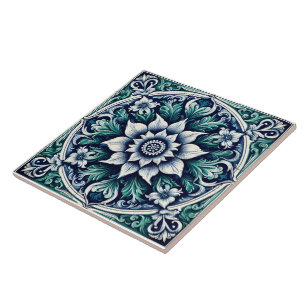 Carreau Floral Rustique Indigo Vert bleu azulejos