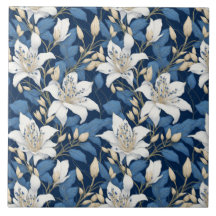 Floral Seamles Motif Big Liliy Feuilles Bleu Blanc