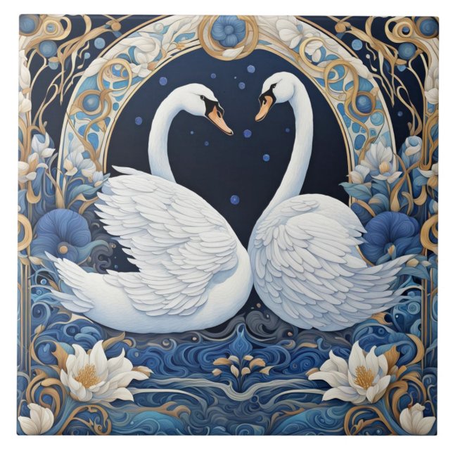 Carreau Floral Swans Art Nouveau Oiseau Art Déco Bleu (Devant)