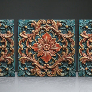 Carreau Floral victorien Turquoise Motifs de feuille orang