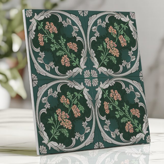 Carreau Floral Vintage Défilement Vert Sarcelle Gr (Créateur téléchargé)