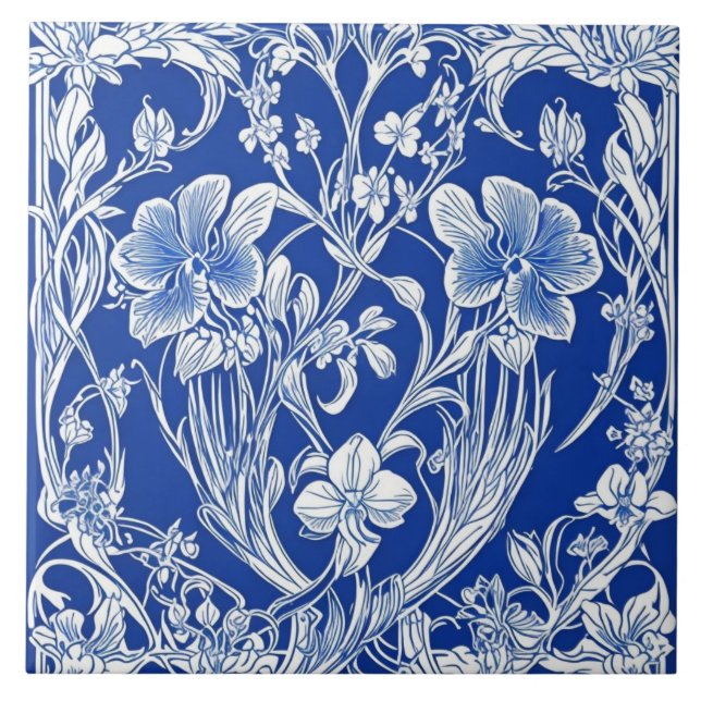 Carreau Flore bleue et blanche Art déco Art Nouveau Fleur (Devant)