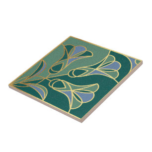 Carreau Flore de mosaïque Art Déco. Vert, bleu et or