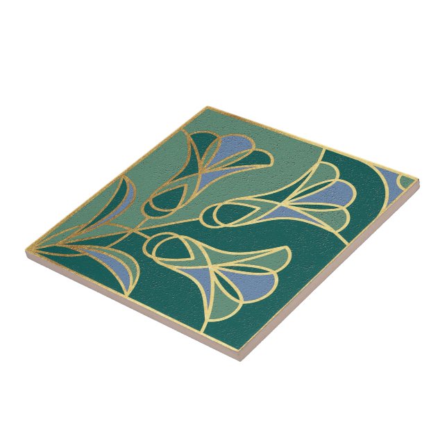 Carreau Flore de mosaïque Art Déco. Vert, bleu et or (Côté)