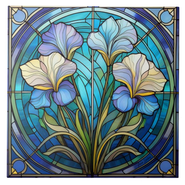 Carreau Flore gauche Iris Art Nouveau Bleu Vert Rétro (Devant)